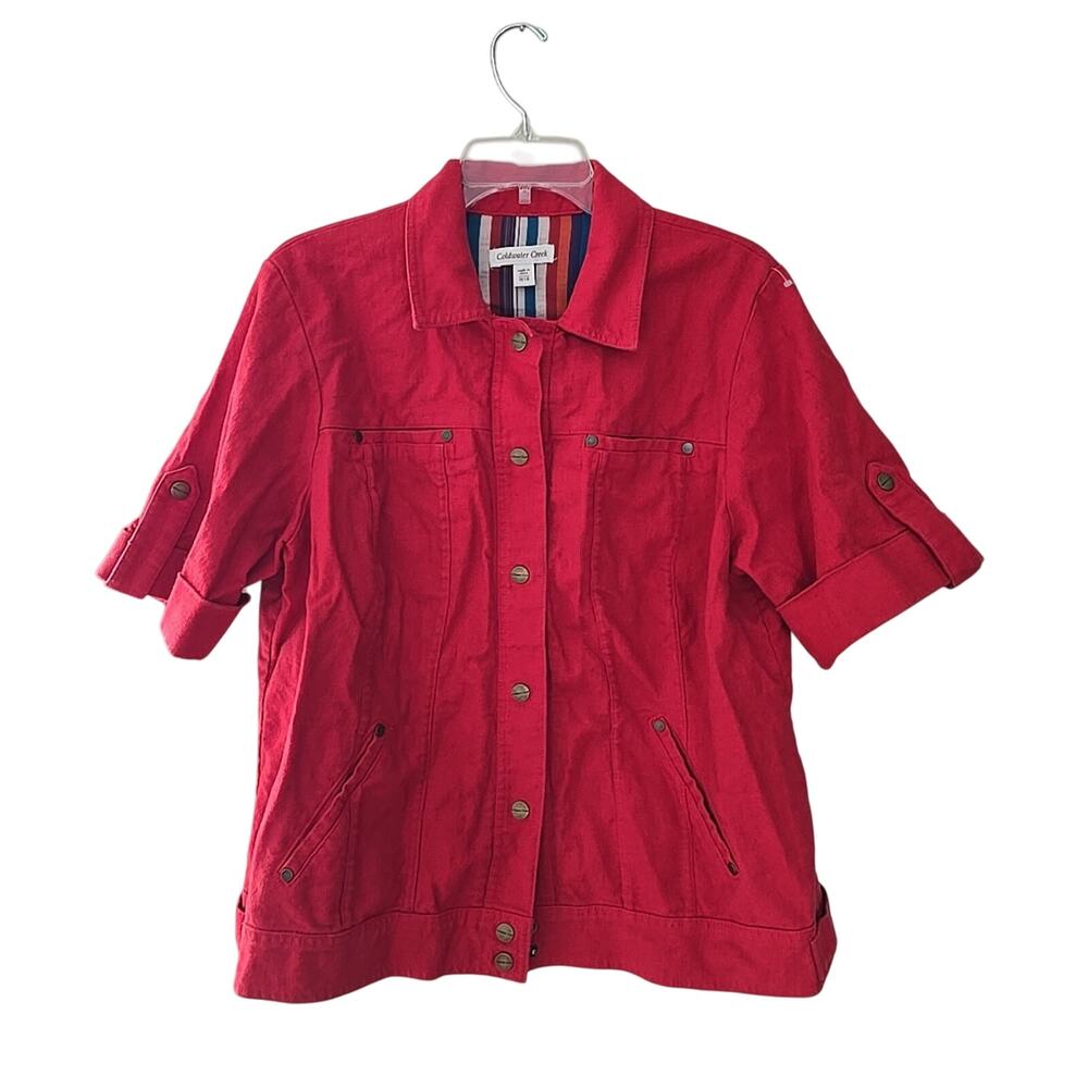 Coldwater Creek Red Linen Blend Pockets Roll Tab Sleeve Jacket Womans Size 18